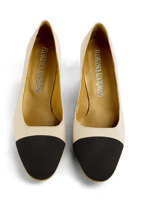 Matt black and champagne white women's dress pumps,with a square neckline. Round toe. Medium block heels. Top view - Florence KOOIJMAN
